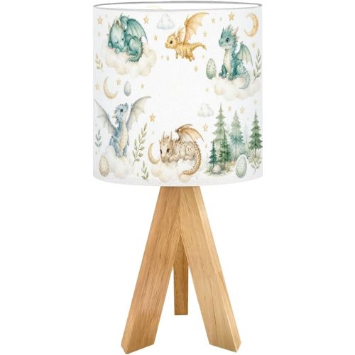 Tripod Bedside Desk Table Lamp Dragon Baby Animals Watercolor Wood Nightstand Lamp with Linen Fabric Shade for Nursery Bedroom Living Room Kids Room