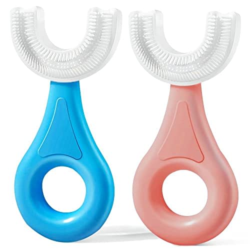 YOTEE U-Shaped Toothbrush Kids 2 PCS, Toddler Baby Toothbrush for Age 2-6 | Safe Food Grade Soft Silicone Brush Head,U Shape Design,Clean Teeth 360 Degree,Manual Whole Mouth Tooth Brush,Blue+Pink