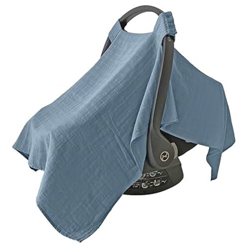 MOZAH Baby Car Seat Cover, Versatile Nursing Cover, Infant Car Seat Protector, Breathable Organic Cotton Muslin, Essential Newborn and Nursery Must-Haves, Unisex, Blue Mirage