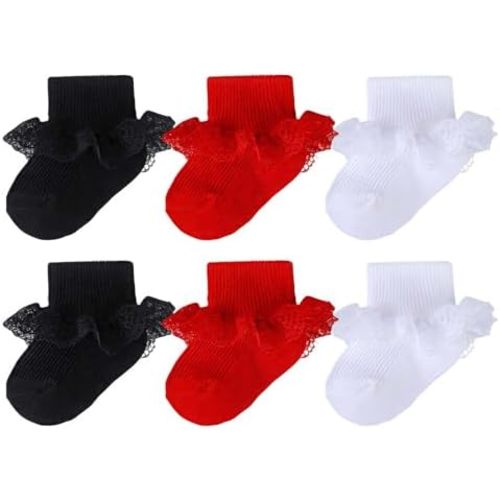 6 Pairs Baby Girl Ruffle Socks Double Lace Turn Cuff Cotton Ankle Frilly Dress Socks for Newborn Infant Toddler Girls
