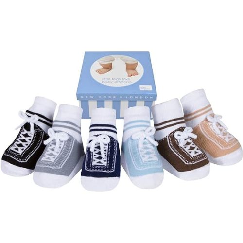 Baby Boy Socks with Sneaker Shoe Look-Non-slip Gripper Soles-3 or 6 Pairs-Cotton-Gift Packaged-Baby Shower-Faux Shoelaces