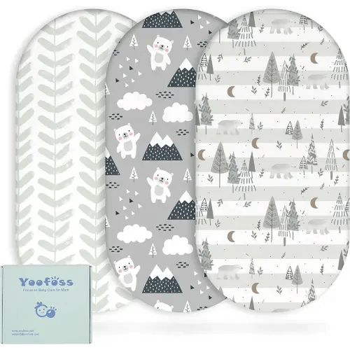 Yoofoss Bassinet Sheets for Baby,3-Pack Fitted Bassinet Sheets Set Compatible with Halo Bassinest Swivel Sleeper,Baby Delight,Angelbliss,Soft Breathable Bassinet Mattress Sheets(Grey+Bear)