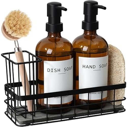 Dish Soap Dispenser for Kitchen, 16.9 fl oz Amber Hand and Dish Soap Dispensers, Kitchen Soap Dispenser Set with Sponge Holder, Brush Holder and Loofah Sponge, Countertop Sink Organizer Accessories