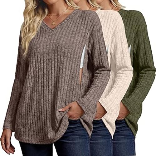 3 Pack Oversized Women's Maternity Nursing Tops Vneck Breastfeeding Sweaters Long Sleeve Hidden Zipper Shirt