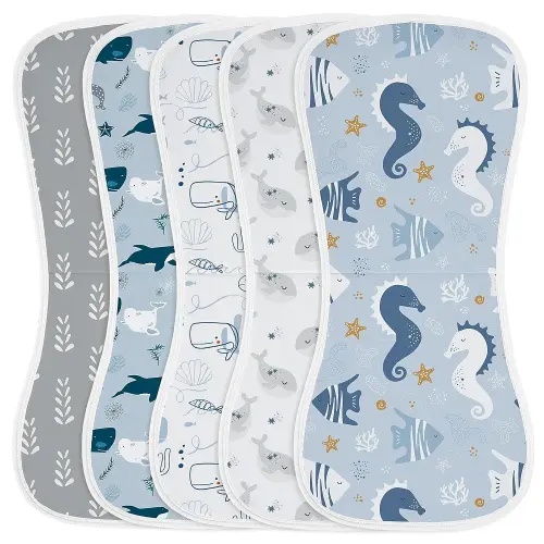 Yoofoss Baby Burp Cloths 100% Organic Cotton 5 Pack Burping Cloths for Babies Boys Girls Large 21''X10'' Extra Soft and Absorbent Ocean