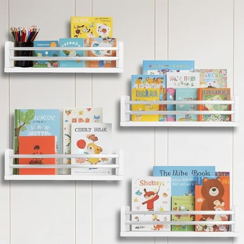 Nursery Wall Book Shelves Set of 4, 16" Solid Pine Wood Floating Book Ledges with Dual Safety Rails, Wall Mounted Kids Bookshelf for Baby & Toddler Books, Toys & Decor, Reversible Install, White/Gold