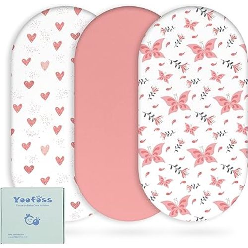 Yoofoss Bassinet Sheets for Baby,3-Pack Fitted Bassinet Sheets Set Compatible with Halo Bassinest Swivel Sleeper,Baby Delight,Angelbliss,Soft Breathable Bassinet Mattress Sheets(Pink+Butterflies)