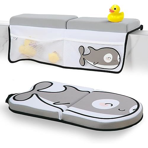 Small Steps Bath Kneeler and Elbow Rest Pad Set – Ergonomic Baby Bath Kneeling Pad with Memory Foam and Non-Slip Design – Orca-Themed Comfort with Handy Pockets for Bathing Babies and Kids