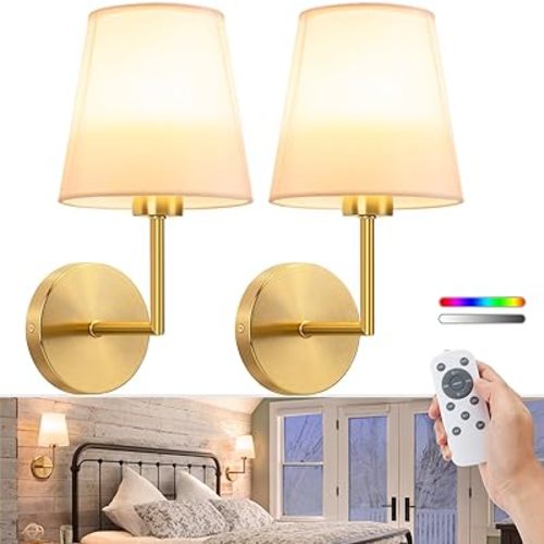 VOLISUN Battery Operated Wall Sconce Set of Two,Gold Wireless Sconces Set of 2 Rechargeable,Battery Operated Wall Lights for Bedroom Living Room Hallway(9 Colors)