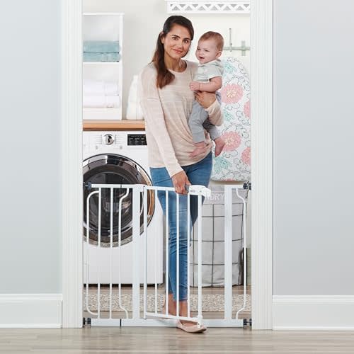Regalo Safety 29-38.5" Baby Gate for Doorways & Bottom of Stairs, Pressure Mounted Baby Gate with Door for Babies, Toddlers & Pets, Tested & Safe for 30 Years, American Designed, American Owned, White