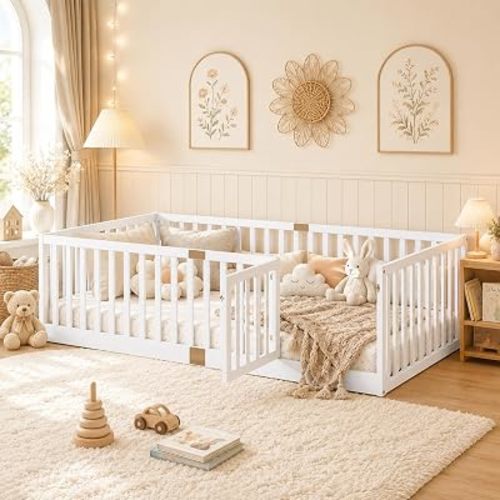 Twin Montessori Floor Bed Frame with High Rails and Door, Wood Twin Floor Bed with Slats, Low Profile Kids Bed Frame for Boys Girls, No Box Spring Needed, White