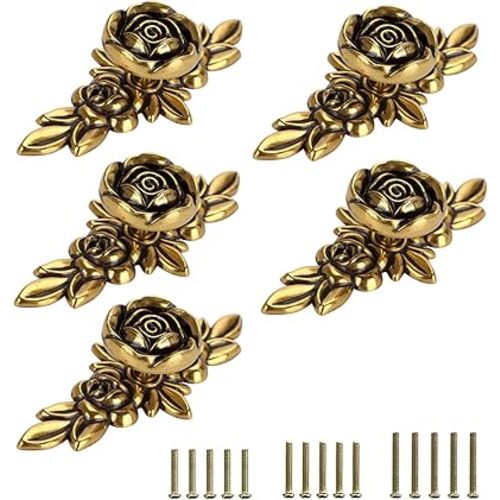 JUXYES Pack of 5 Euro Rose Decorative Cabinet Knobs with Plate, Floral Ivory Drawer Knob Cupboard Door Knobs, Ivory White Drawer Pulls Cabinet Handle Knobs for Dresser Cabinet