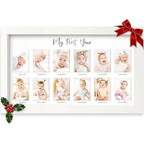 My First Year Photo Frame,12 Months Baby Picture Frame for Newborn Girl,Boy-Baby Shower Gifts Keepsakes,Monthly Baby's One Year Birthday Milestone,1st Nursery Photo Collage Display Board(Alpine White)
