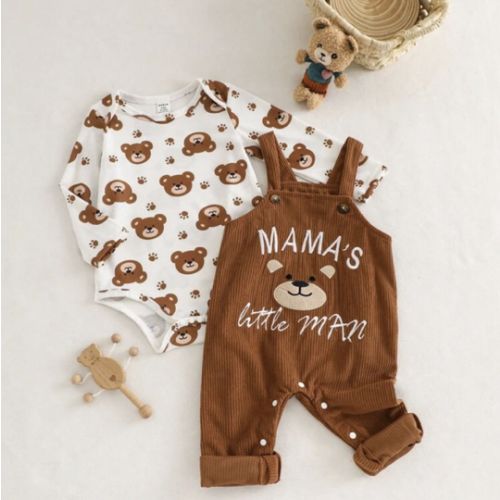 SHEIN 2pcs Baby Boy Outfit, Long Sleeve Romper + Bib Pants Set, Bear & Letter Embroidery, Casual Cartoon Suit Baby Romper Bear Mocha Baby Clothes Mamas Little Man Outfit Newborn Clothes Unisex Baby Boy Bear Outfit Newborn Baby Bodysuit Newborn Baby Overal