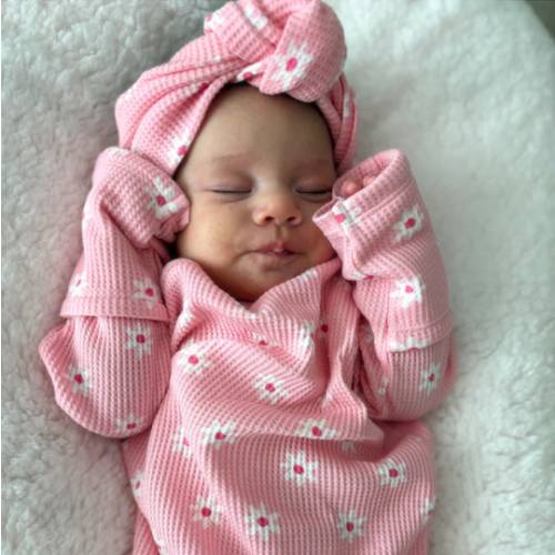Organic Waffle Gown & Bow Set, Pink Flower