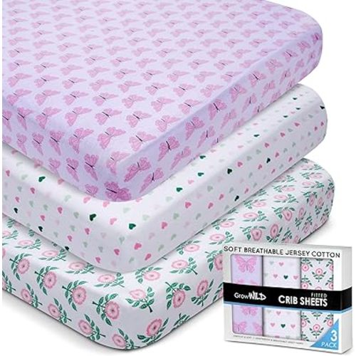 GROW WILD Crib Sheets 3 Pack - Soft & Stretchy Jersey Cotton Fitted Baby Crib Sheets for Girls, Cute Toddler Bed Sheets for Baby Girl (Hearts & Flowers)