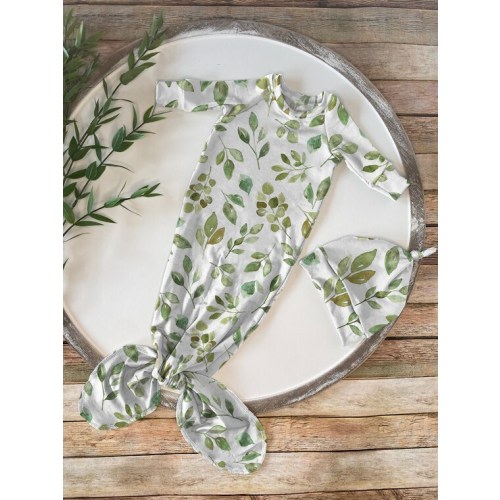 Organic Cotton Baby Gown Set: Greenery Knotted Outfit With Hat - Etsy