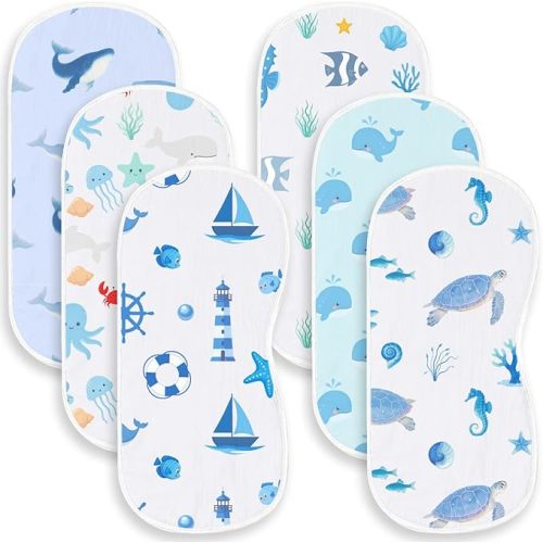 6 Pack Blue Burp Cloths Baby Boys Girls with Ocean Animals Pattern, Large Cotton Burping Clothes for Newborns Gifts Extra Soft and Absorbent 9.8X19.6inches