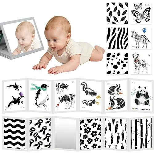 CHEFAN High Contrast Baby Toys for Newborn, Black and White Cards for Infants 0-6 Months, Tummy Time Mirror, Newborn Brain Development Toys for Boy Girl Shower Gift