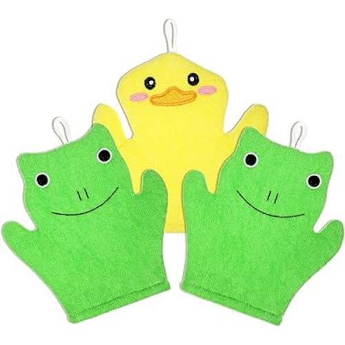 3 Pcs Baby Bath Mitt Washcloths Gloves, Microfiber Soft Washcloths for Kids Designed in Cute Animal Duck Frog Bear Gentle Scrub for Baby Girl Boy Bath Shower