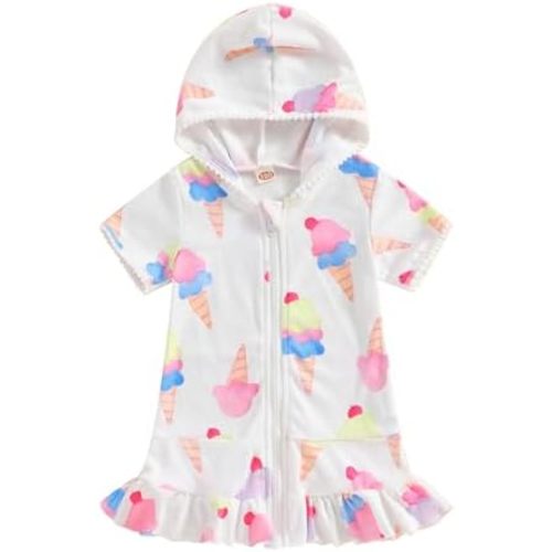 Girls Hooded Zip Terry Coverups Swimsuit Kids Baby Girl Floral Print Short Sleeve Swim Cover-Up Swimwear