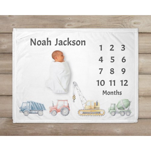 Construction Milestone Blanket, Personalized Baby Blanket, Monthly Growth Tracker, Dump Truck Crane, Baby Gift, Baby Shower Gift, Baby Boy,