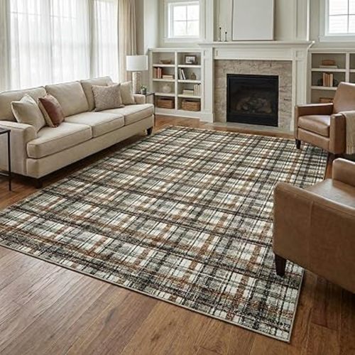 Large Area Rug 9x12 Plaid Rug Washable Rugs for Living Room Non Slip Soft Farmhouse Non-Shedding Carpet Indoor Low Pile Foldable Rugs for Bedroom Dining Room Nursery Playroom Green Coffee