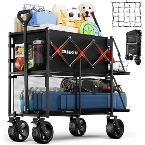 Double Decker Collapsible Wagon with Brakes,Compact with Tailgate