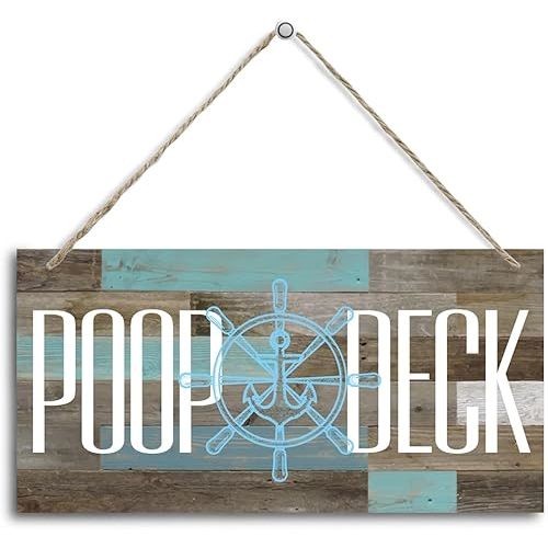 Nautical Style Wood Decor Sign, Poop Deck, Hanging Printed Wooden Plaque Décor, Rustic Wall Decor Indoor or Outdoor, Home Décor Sign for Nursery, Artistic Wall Sign for Beach Bathroom 12x6 inch (F7)
