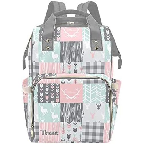 XOZOTY Antlers Deer Elk Feather Arrow Patchwork Diaper Bags with Name Waterproof Mummy Backpack Nappy Nursing Baby Bags Gifts Tote Bag for Women