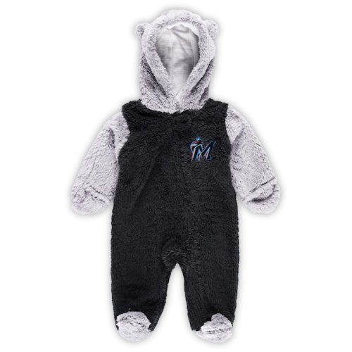 Newborn and Infant Miami Marlins Black/Gray Game Nap Teddy Fleece Bunting Full-Zip Sleeper