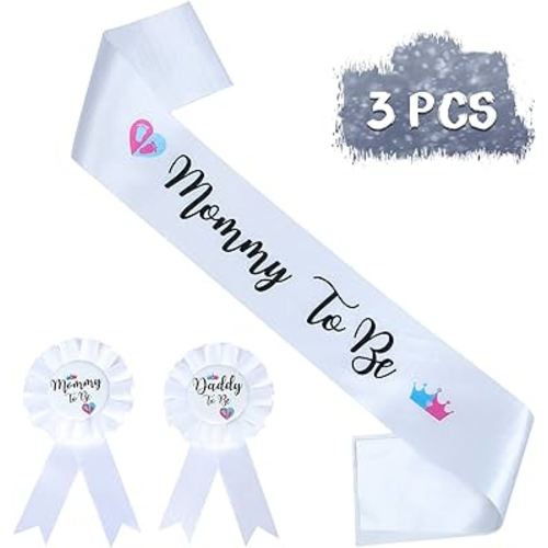 HAPPYLAND Gender Reveal Decorations Sash and Tinplate Badge Mommy to Be and Daddy to Be Baby Shower