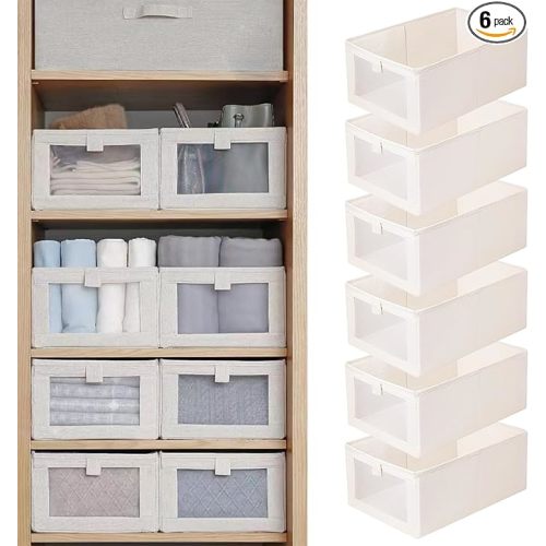 Linen Closet Organizers And Storage, 6 Pack Closet Storage Bins Linen Closet Baskets for Closet Organization Foldable Closet Organizer Bins with Clear Window For Organizing Clothing, Jeans, Shelves