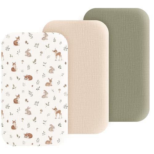 3 Pack Cotton Muslin Baby Bassinet Fitted Sheet for Bedside Sleeper | Stretchy & Soft, Compatible with Baby Delight, Dream On Me, Rectangle Mattresses, for Boys & Girls 32" x 21" (Woodland Sage)