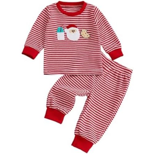 Kiluex Toddler Baby Christmas Outfit Santa Claus Embroidery Stripe Waffle Sweatshirt and Pants Set Cute Fall Clothes