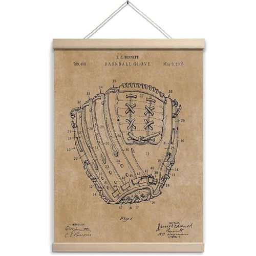 Vintage Baseball Wall Art Baseball Gloves Retro Sports Posters Framed With Wood Hanger, Baseball Room Decor Sports Art Hanging Baseball Decorations for Boys Bedroom Playroom Nursery Preschool 12x16