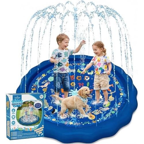 KiddoSpace 69" Splash Pad Sprinkler for Kids and Dogs – Non-Slip Outdoor Water Play Mat with Learning Designs, BPA-Free, Includes Repair Kit
