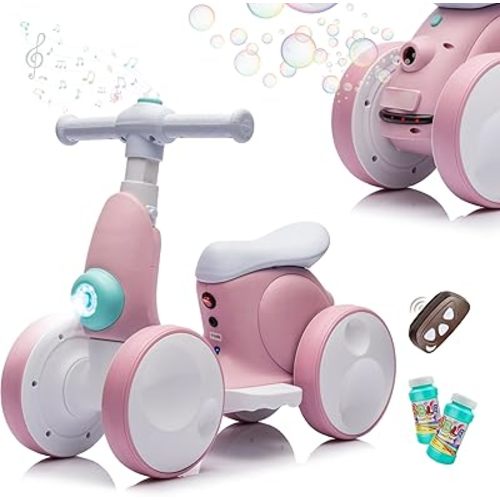 JoyRydz 6V Electric Baby Balance Bike with Bubble Machine,4 in 1 Toddler Balance Bike w/Remote Control for 1 Year Old Boys Girls Kids Bubble Bike Ride on Toys w/Powered Motor,Music,LED Lights (Pink)