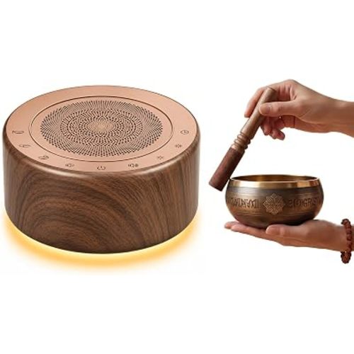 Tibetan Meditation Singing Bowl Sound Machine, 11 Authentic Singing Bowl & Relaxing Sounds, Premium Wood-Style Design, 7-Color Night Light, Timer & Memory, for Meditation, Yoga, Sleep & Mindfulness