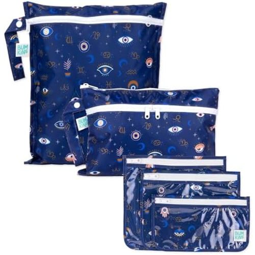 Bumkins - Waterproof Wet Bag, Wet/Dry Clutch & Clear Travel Bags - For Beach, Baby, Travel, Cloth Diapers, Pump Parts, Pool, Gym, Toiletries - Reusable & Easy to Clean - Evil Eye - 5 Pack