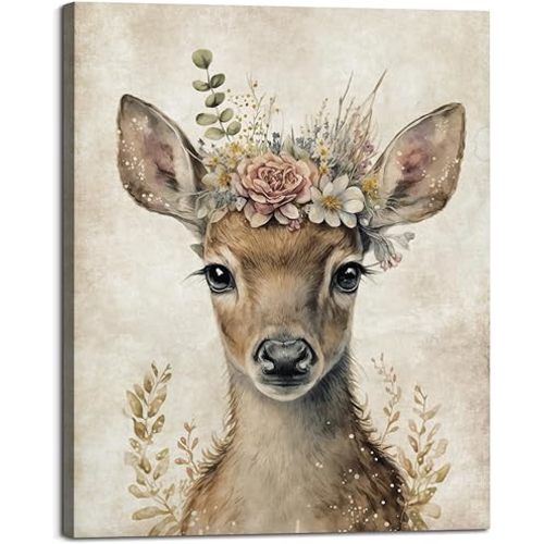Baby Plum Lovely Deer Portrait Canvas Wall Art Cute Forest Animal Floral Crown Poster Print Retro Fawn Picture Aesthetics Decorative Painting Living Room Baby Room Nursery Wall Decor 12x16 Inch Framed