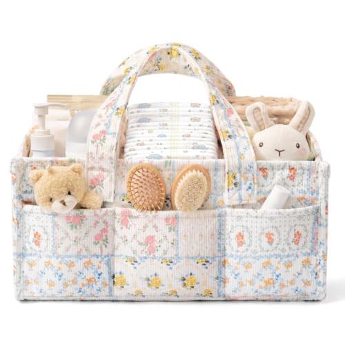 Baby Diaper Caddy Organizer with Handles, Portable Nursery Storage Basket | Corduroy Diaper Bag Car Caddy Organizer for Wipes, Girl Newborn Essentials Baby Shower Gifts Basket Registry Search Must Have