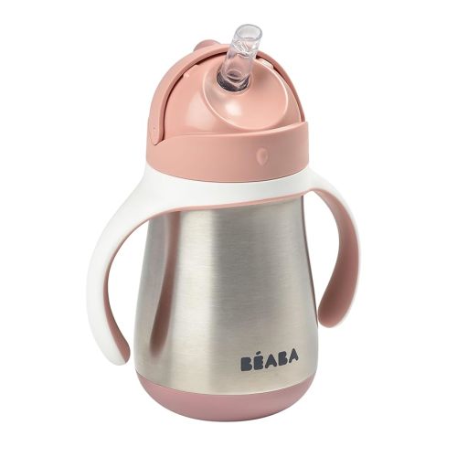 BEABA Stainless Steel Straw Sippy Cup, Insulated Toddler Cups Spill Proof with Removable Handles, Made with High Grade Stainless Steel, 8+ months, 8.5 oz, Rose