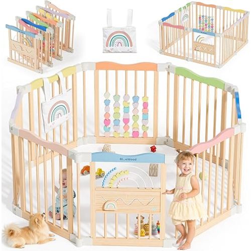Foldable Wooden Playpen - Adjustable Wood Baby Play Yard Without Door, Indoor Large Safety Fence for Babies and Toddlers - Easy Assembly, 8 Panels, Rainbow Dream