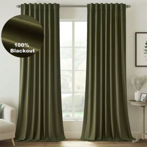 Olive Green 100% Blackout Curtains & Drapes 96 Inch Length 2 Panels Set, Flax Linen Room Darkening Soundproof Curtains for Bedroom Living Room