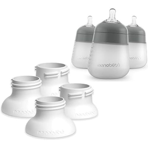 Nanobebe Flexy Silicone Baby Bottle 3-Pack Gray 9oz Bundled with 4 Pack Breast Pump Adapters