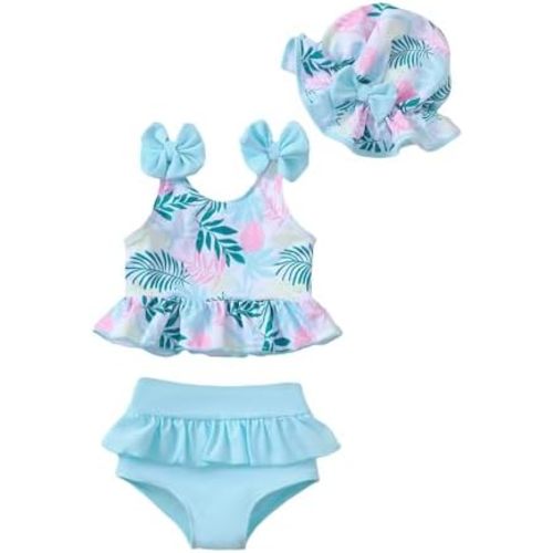 Mioglrie Baby Infant Swimsuit Girl Toddler Bathing Suit Girl Summer Beach Bikini Tankini Swimwear Hat 3-24 Months 2t-5t