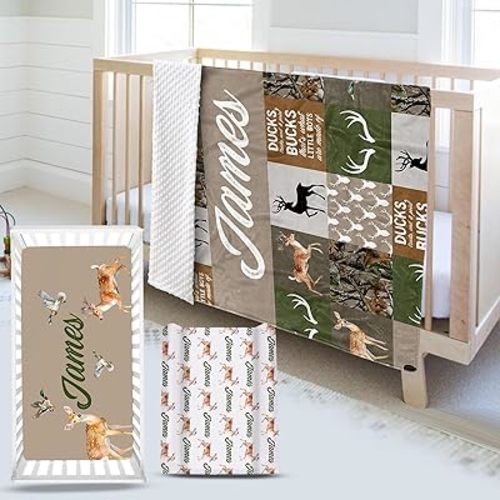 Custom Name Crib Bedding Set 3-Piece – Multi-Grid Deer Design Baby Bedding Set with Personalized Soft Blanket, Fitted Sheet, Changing Pad Cover – Ideal Newborn Gift for Boys and Girls