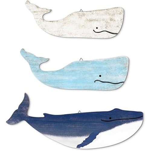 Putuo Decor Blue and White Whale Beach Wall Decor Wooden Nautical Decor Rustic Whale Wall Pediments Set 3 Piece Ocean Hanging Decor for Living Room Bedroom Bathroom