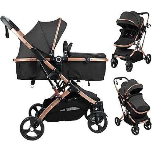 Baby Stroller, 2 in 1 Convertible Bassinet Mode Newborn to Toddler | Reversible Seat UPF Canopy, Shock Absorption Infant Stroller with Five-Point Harness, for Daily Strolls Travel Shopping (Khaki)